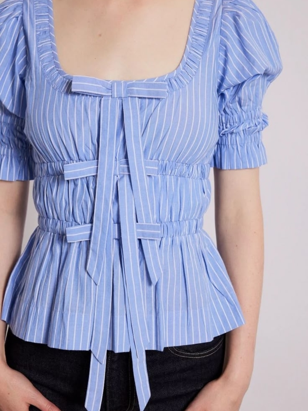 ISO Damson Madder Bianca Blue Pinstripe Tie-Front Peplum Blouse